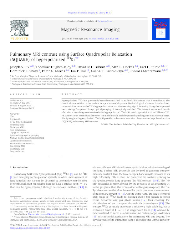 Pulmonary MRI contrast using Surface Quadrupolar Relaxation (SQUARE) of hyperpolarized 83Kr Thumbnail