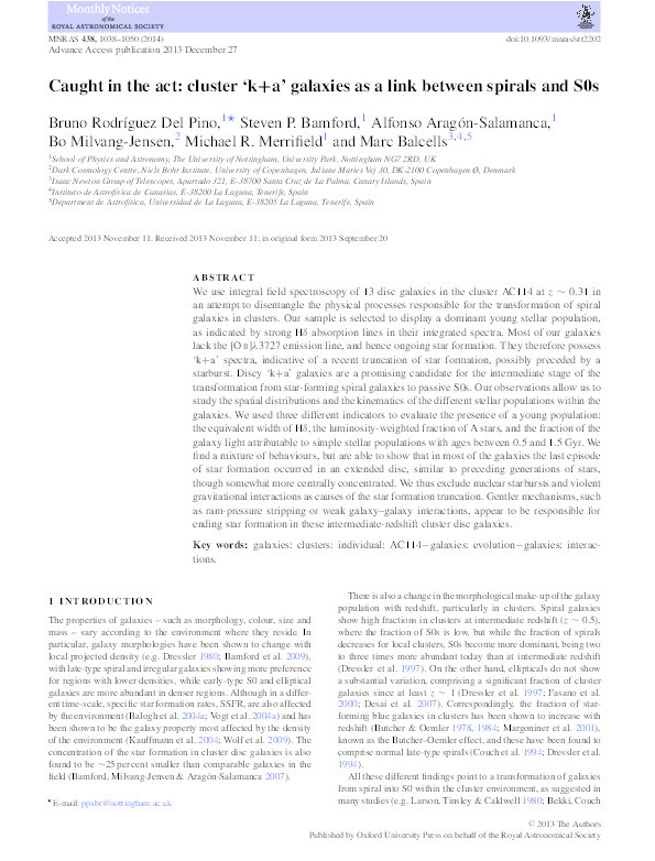 Caught in the act: cluster 'k+a' galaxies as a link between spirals and S0s Thumbnail