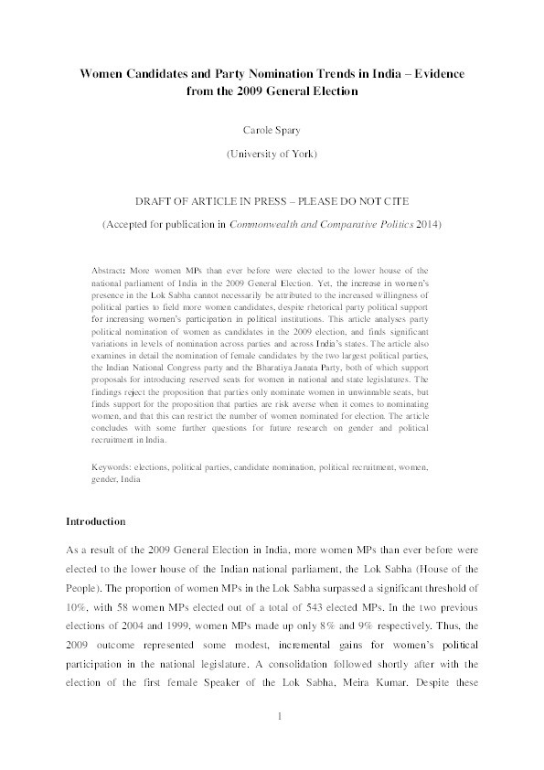 Women candidates and party nomination trends in India: evidence from the 2009 general election Thumbnail