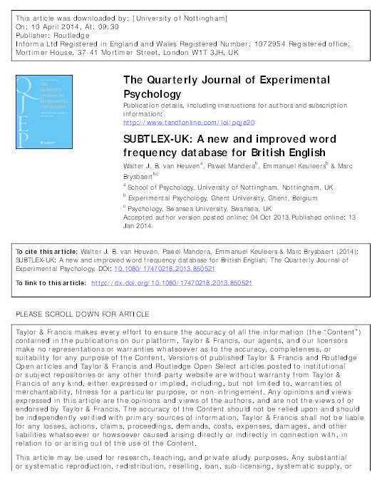 SUBTLEX-UK: a new and improved word frequency database for British English Thumbnail