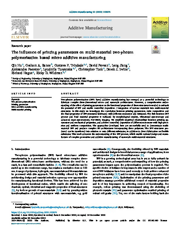 The influence of printing parameters on multi-material two-photon polymerisation based micro additive manufacturing Thumbnail