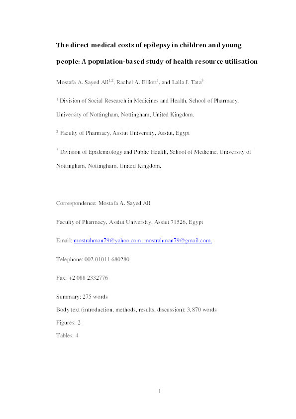 The direct medical costs of epilepsy in children and young people: a population-based study of health resource utilisation Thumbnail