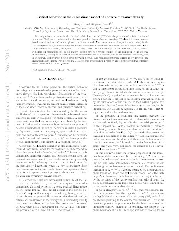 Critical behavior in the cubic dimer model at nonzero monomer density Thumbnail