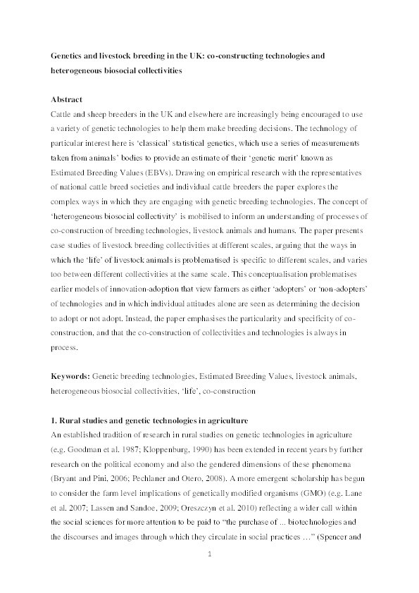 Genetics and livestock breeding in the UK: Co-constructing technologies and heterogeneous biosocial collectivities Thumbnail