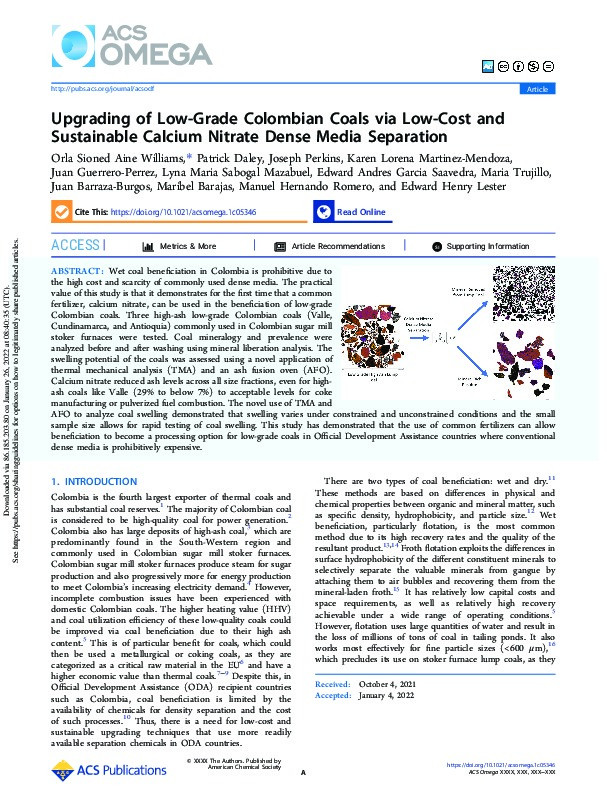 Upgrading of Low-Grade Colombian Coals via Low-Cost and Sustainable Calcium Nitrate Dense Media Separation Thumbnail