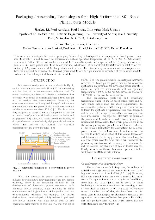 Packaging/assembling technologies for a high performance SiC-based planar power module Thumbnail