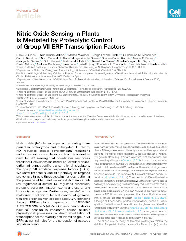 Nitric oxide sensing in plants is mediated by proteolytic control of Group VII ERF transcription factors Thumbnail