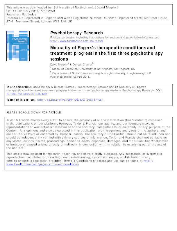 Mutuality of Rogers's therapeutic conditions and treatment progress in the first three psychotherapy sessions Thumbnail