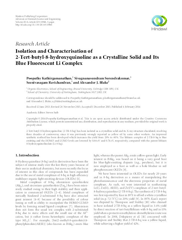 Isolation and Characterisation of 2-Tert-butyl-8-hydroxyquinoline as a Crystalline Solid and Its Blue Fluorescent Li Complex Thumbnail