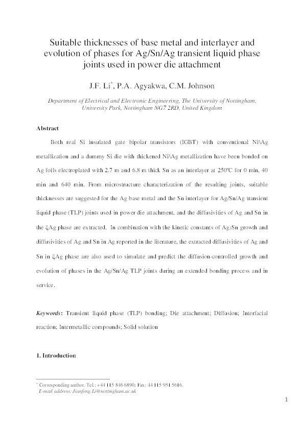 Suitable Thicknesses of Base Metal and Interlayer, and Evolution of Phases for Ag/Sn/Ag Transient liquid-phase Joints Used for Power Die Attachment Thumbnail