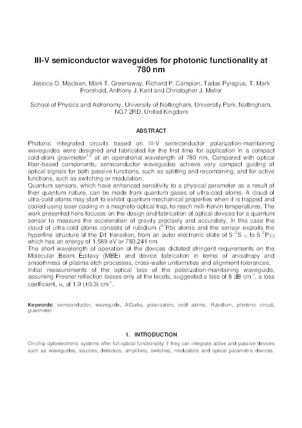 III-V semiconductor waveguides for photonic functionality at 780 nm Thumbnail