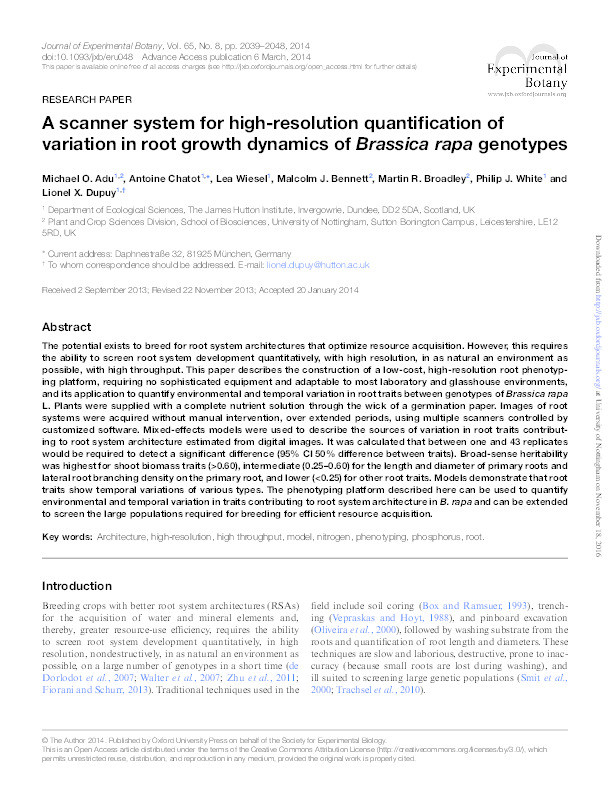 A scanner system for high-resolution quantification of
variation in root growth dynamics of Brassica rapa genotypes Thumbnail