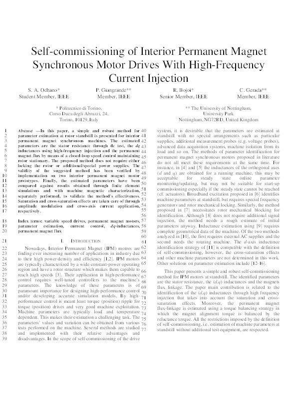 Self-commissioning of interior permanent- magnet synchronous motor drives with high-frequency current injection Thumbnail