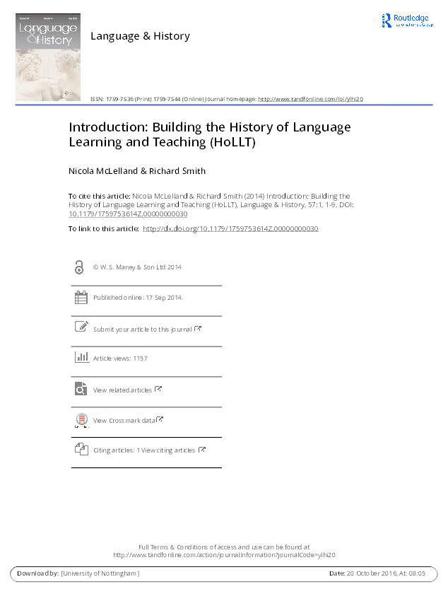 Introduction: building the history of language learning and teaching (HoLLT) Thumbnail