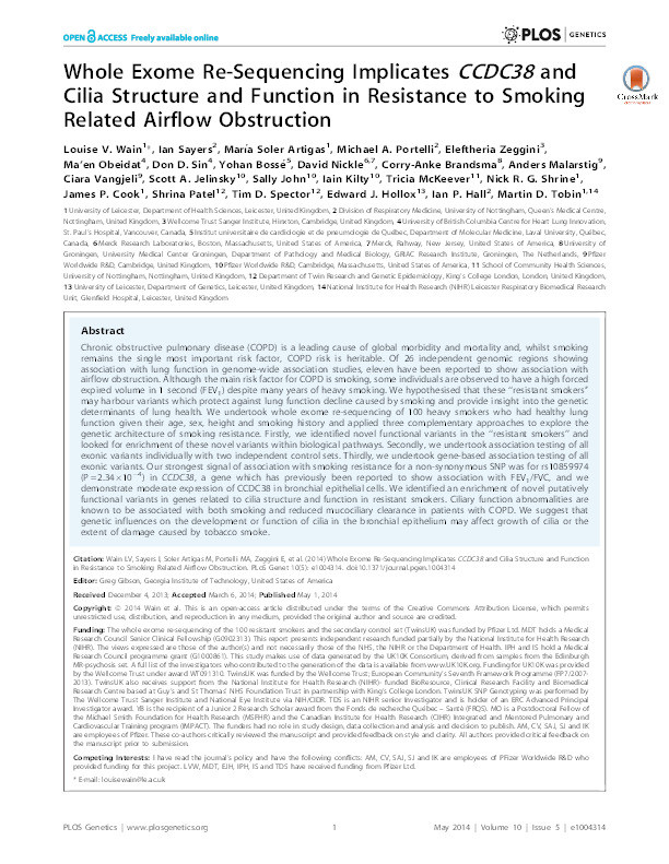 Whole Exome Re-Sequencing Implicates CCDC38 and Cilia Structure and Function in Resistance to Smoking Related Airflow Obstruction Thumbnail