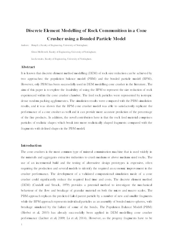 Discrete element modelling of rock communition in a cone crusher using a bonded particle model Thumbnail