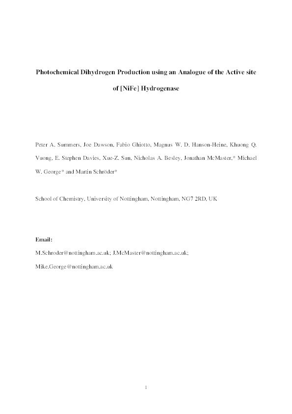 Photochemical Dihydrogen Production Using an Analogue of the Active Site of [NiFe] Hydrogenase Thumbnail