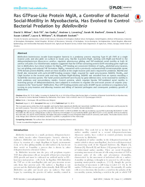 Ras GTPase-like protein MglA, a controller of bacterial social-motility in Myxobacteria, has evolved to control bacterial predation by Bdellovibrio Thumbnail