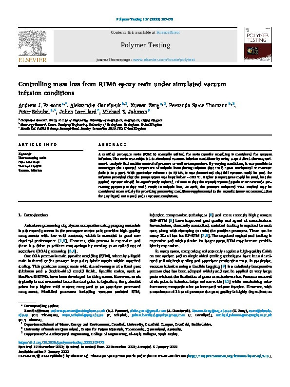 Controlling mass loss from RTM6 epoxy resin under simulated vacuum infusion conditions Thumbnail