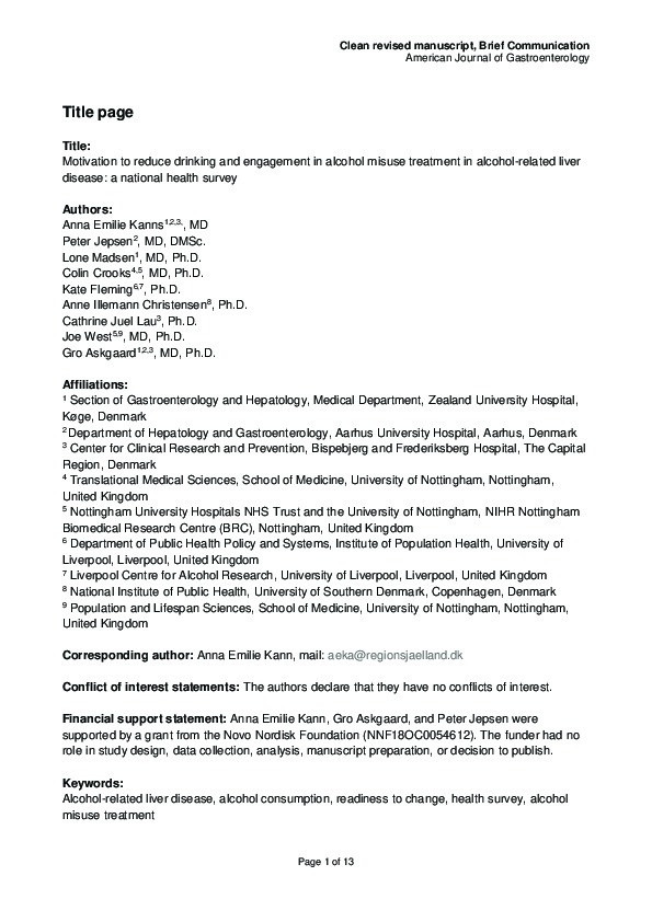 Motivation to Reduce Drinking and Engagement in Alcohol Misuse Treatment in Alcohol-Related Liver Disease: A National Health Survey Thumbnail