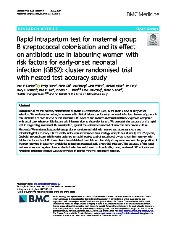 Rapid intrapartum test for maternal group B streptococcal colonisation and its effect on antibiotic use in labouring women with risk factors for early-onset neonatal infection (GBS2): cluster randomised trial with nested test accuracy study Thumbnail