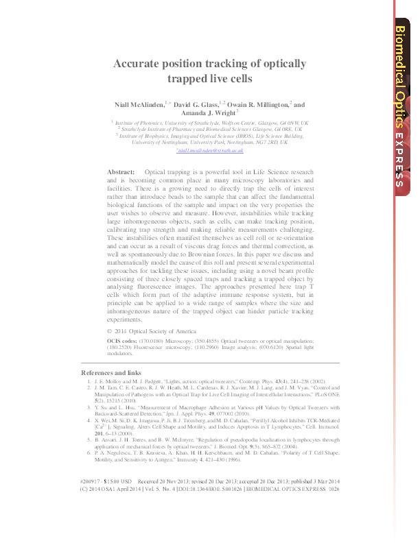 Accurate position tracking of optically trapped live cells Thumbnail