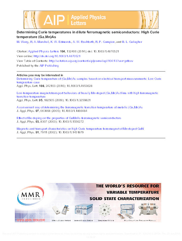 Determining Curie temperatures in dilute ferromagnetic semiconductors: high Curie temperature (Ga,Mn)As Thumbnail