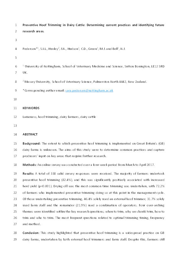 Preventive hoof trimming in dairy cattle: Determining current practices and identifying future research areas Thumbnail