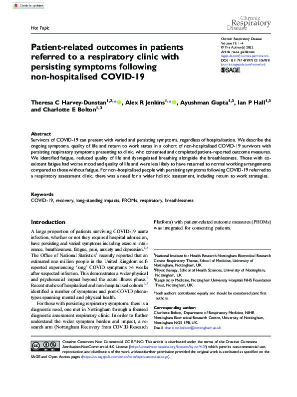 Patient-related outcomes in patients referred to a respiratory clinic with persisting symptoms following non-hospitalised COVID-19 Thumbnail