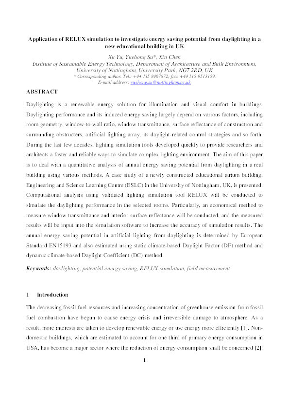 Application of RELUX simulation to investigate energy saving potential from daylighting in a new educational building in UK Thumbnail