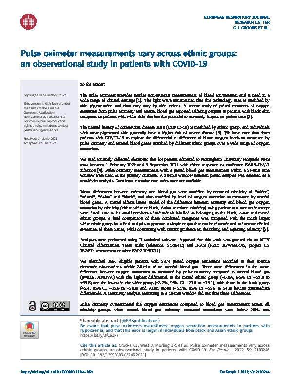 Pulse oximeter measurements vary across ethnic groups: an observational study in patients with COVID-19 Thumbnail