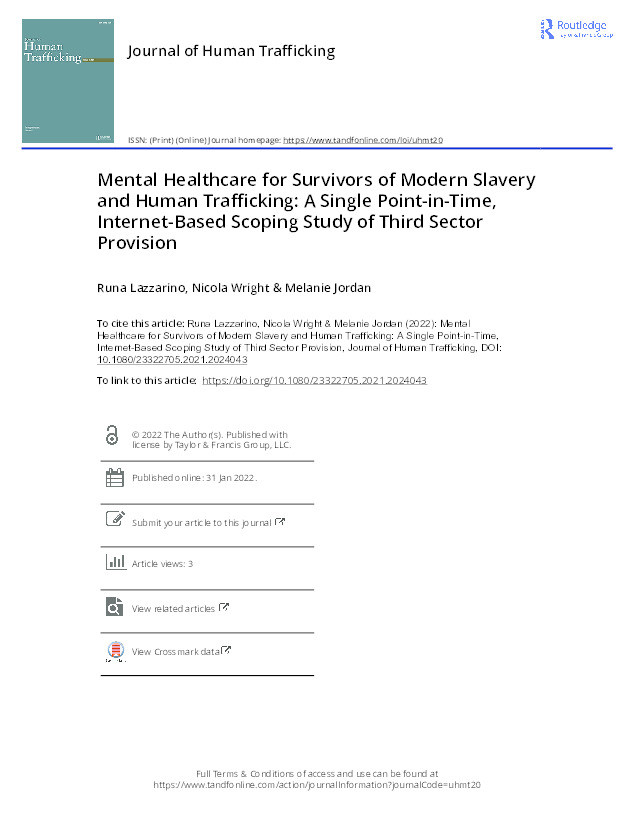 Mental Healthcare for Survivors of Modern Slavery and Human Trafficking: A Single Point-in-Time, Internet-Based Scoping Study of Third Sector Provision Thumbnail