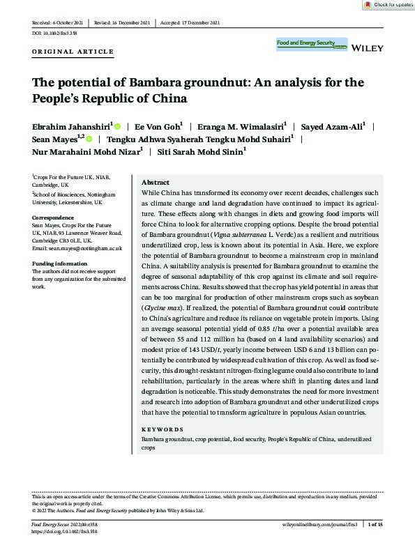 The potential of Bambara groundnut: An analysis for the People’s Republic of China Thumbnail
