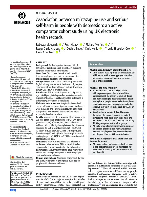 Association between mirtazapine use and serious self-harm in people with depression: an active comparator cohort study using UK electronic health records Thumbnail