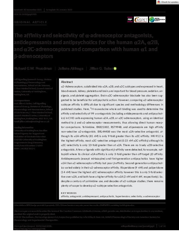 The affinity and selectivity of α-adrenoceptor antagonists, antidepressants and antipsychotics for the human α2A, α2B, and α2C-adrenoceptors and comparison with human α1 and β-adrenoceptors Thumbnail
