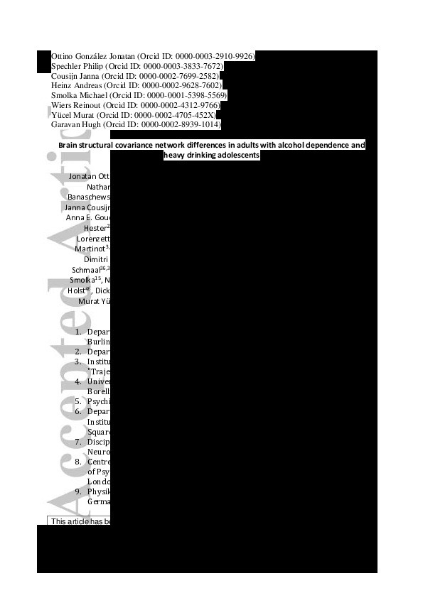 Brain structural covariance network differences in adults with alcohol dependence and heavy-drinking adolescents Thumbnail