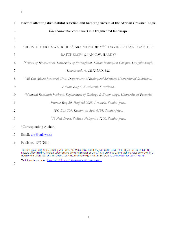 Factors affecting diet, habitat selection and breeding success of the African Crowned Eagle Stephanoaetus coronatus in a fragmented landscape Thumbnail