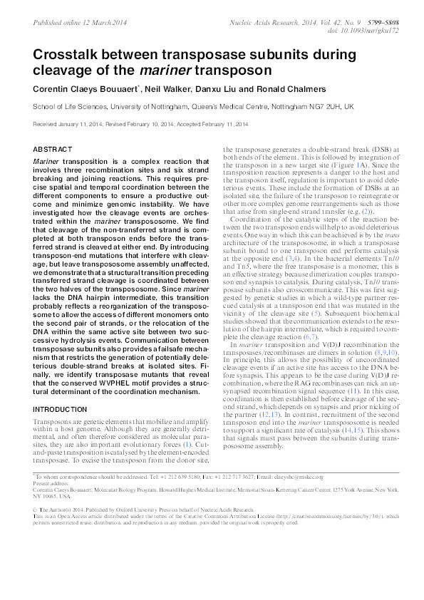 Crosstalk between transposase subunits during cleavage of the mariner transposon Thumbnail