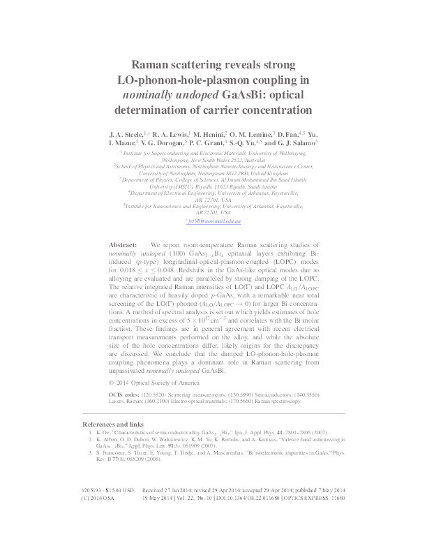 Raman scattering reveals strong LO-phonon-hole-plasmon coupling in nominally undoped GaAsBi: optical determination of carrier concentration Thumbnail