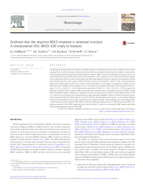 Evidence that the negative BOLD response is neuronal in origin: a simultaneous EEG–BOLD–CBF study in humans Thumbnail