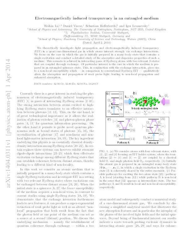 Electromagnetically induced transparency in an entangled medium Thumbnail