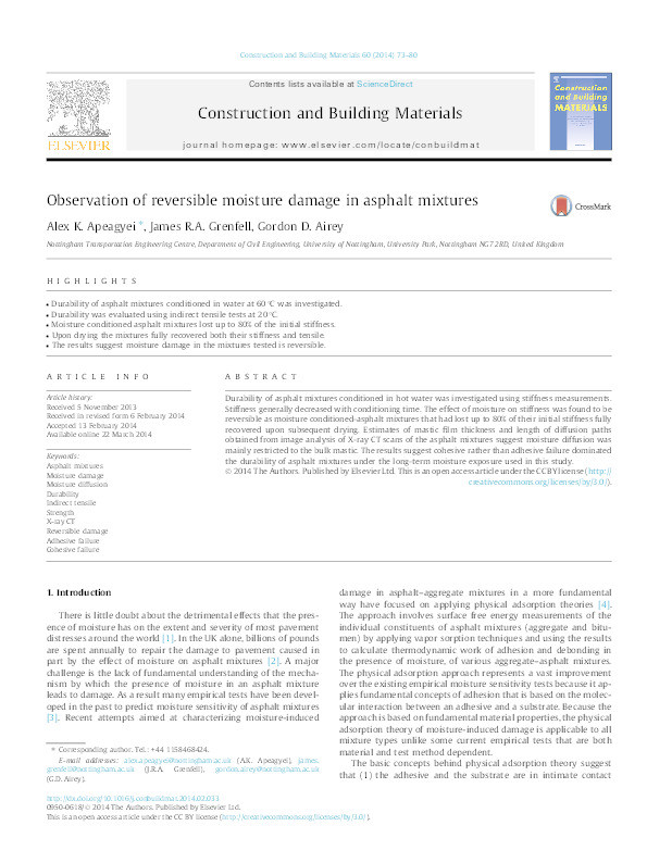 Observation of reversible moisture damage in asphalt mixtures Thumbnail