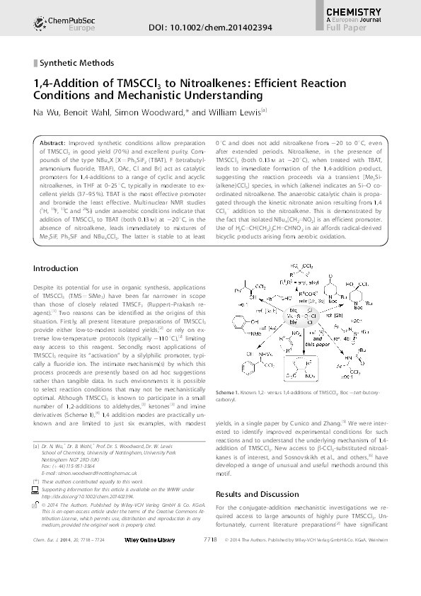 1,4-addition of TMSCCl3to nitroalkenes: efficient reaction conditions and mechanistic understanding Thumbnail