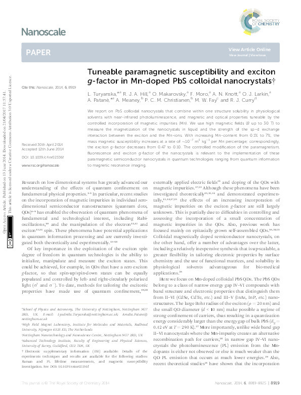 Tuneable paramagnetic susceptibility and exciton g-factor in Mn-doped PbS colloidal nanocrystals Thumbnail