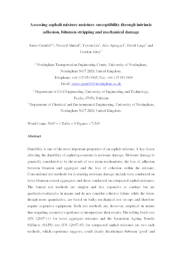 Assessing asphalt mixture moisture susceptibility through intrinsic adhesion, bitumen stripping and mechanical damage Thumbnail