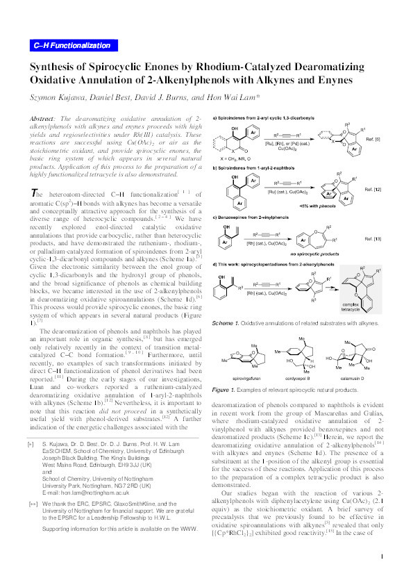 Synthesis of spirocyclic enones by rhodium-catalyzed dearomatizing oxidative annulation of 2-alkenylphenols with alkynes and enynes Thumbnail