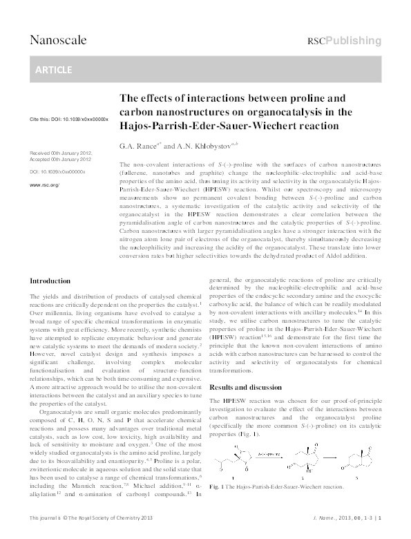 The effects of interactions between proline and carbon nanostructures on organocatalysis in the Hajos-Parrish-Eder-Sauer-Wiechert reaction Thumbnail