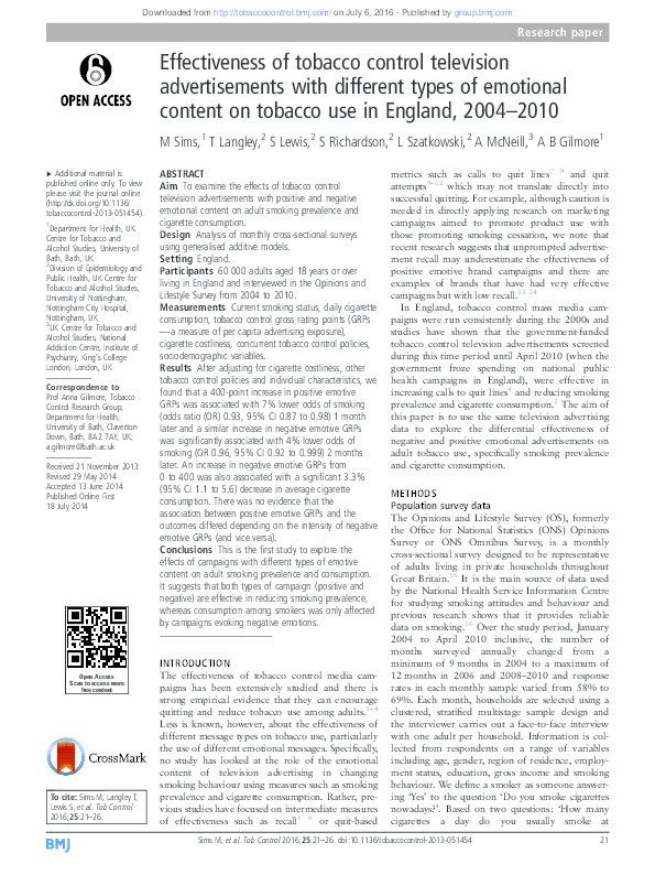 Effectiveness of tobacco control television advertisements with different types of emotional content on tobacco use in England, 2004–2010 Thumbnail