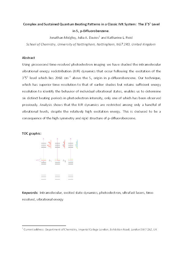 Complex and sustained quantum beating patterns in a classic IVR system: the 3¹5¹ Level in S₁ p-difluorobenzene Thumbnail