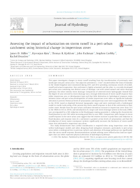 Assessing the impact of urbanization on storm runoff in a peri-urban catchment using historical change in impervious cover Thumbnail